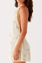 Backless Embroidered Halter Neck Mini Dress Milky White - Love Classic 3