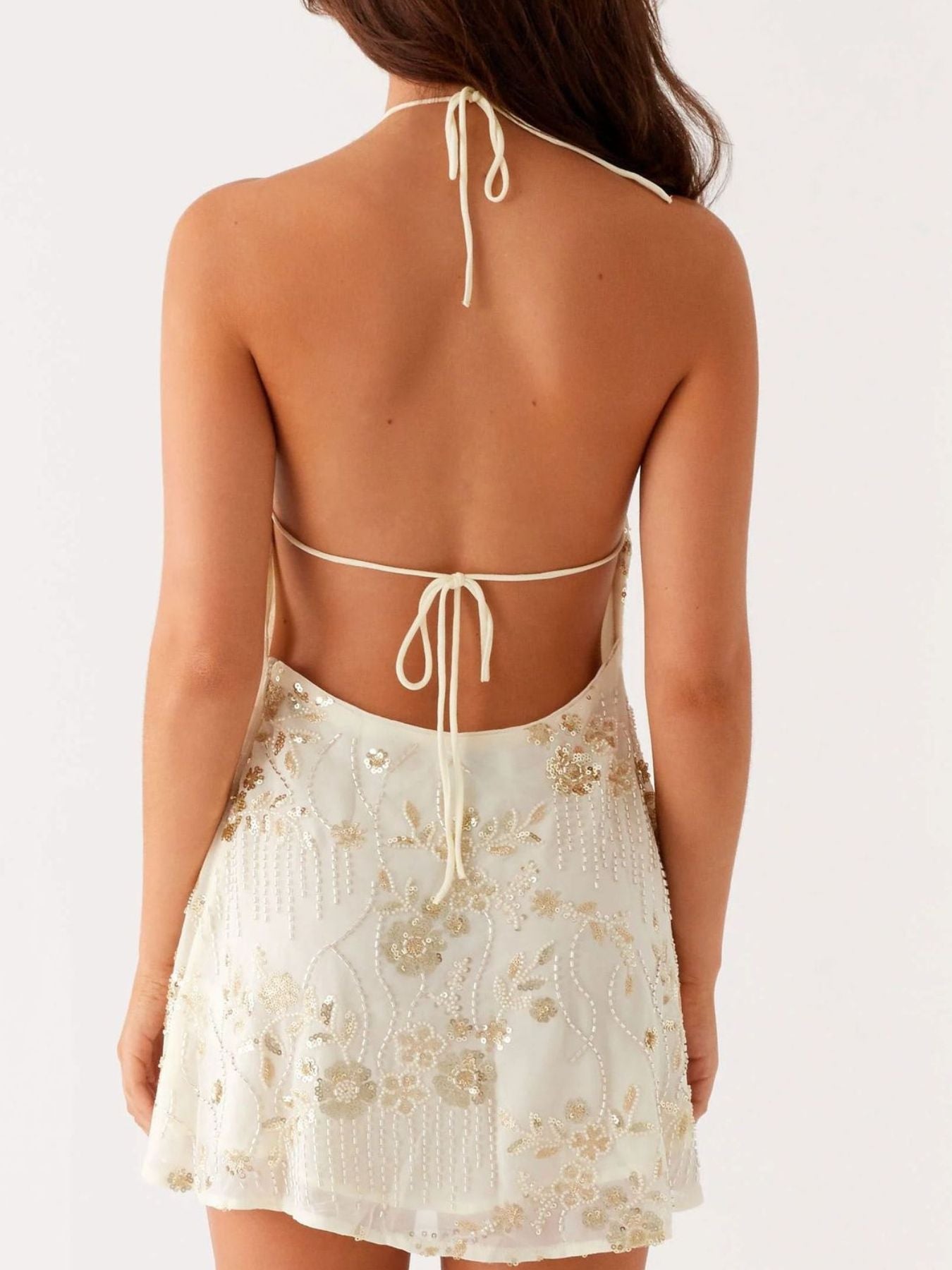 Backless Embroidered Halter Neck Mini Dress Milky White - Love Classic 4