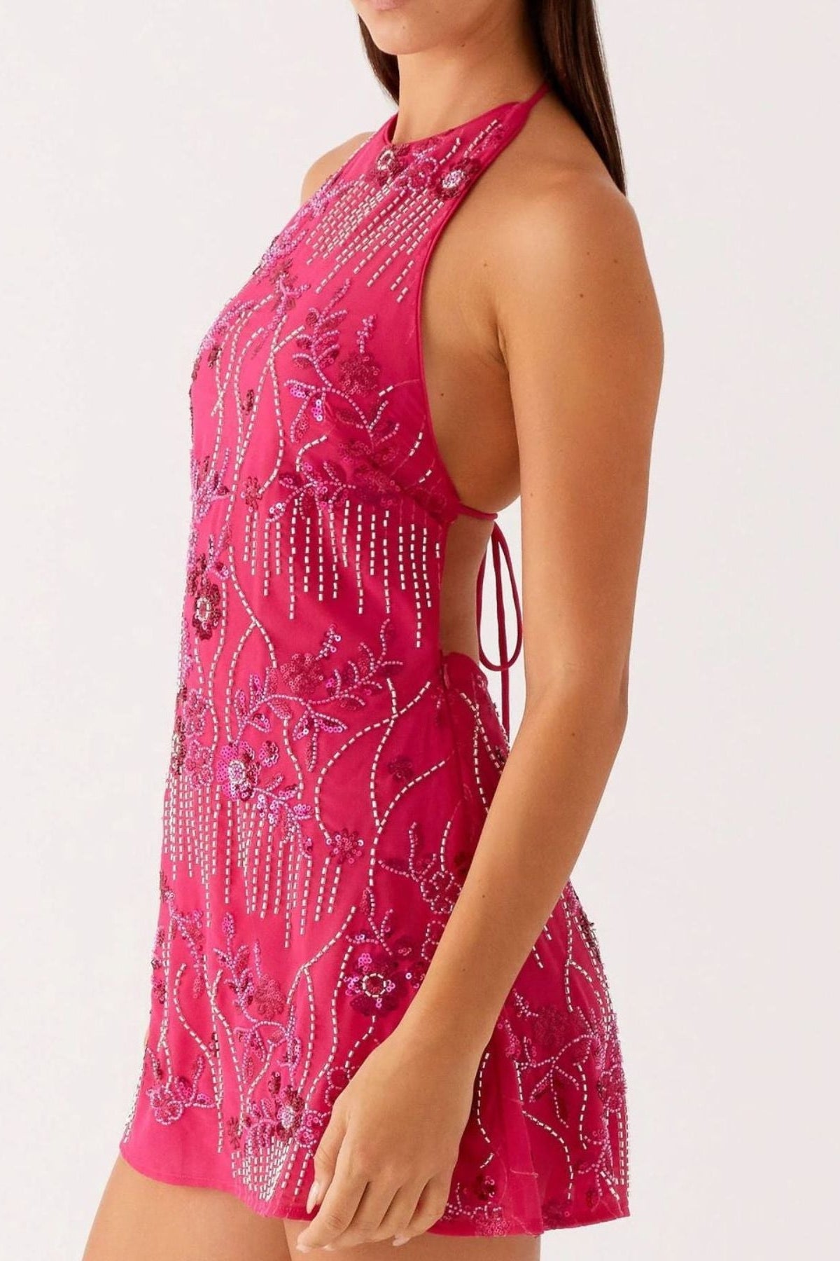 Backless Embroidered Halter Neck Mini Dress Rose Red - Love Classic 3