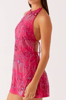 Backless Embroidered Halter Neck Mini Dress Rose Red - Love Classic 3