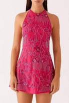 Backless Embroidered Halter Neck Mini Dress Rose Red - Love Classic 4