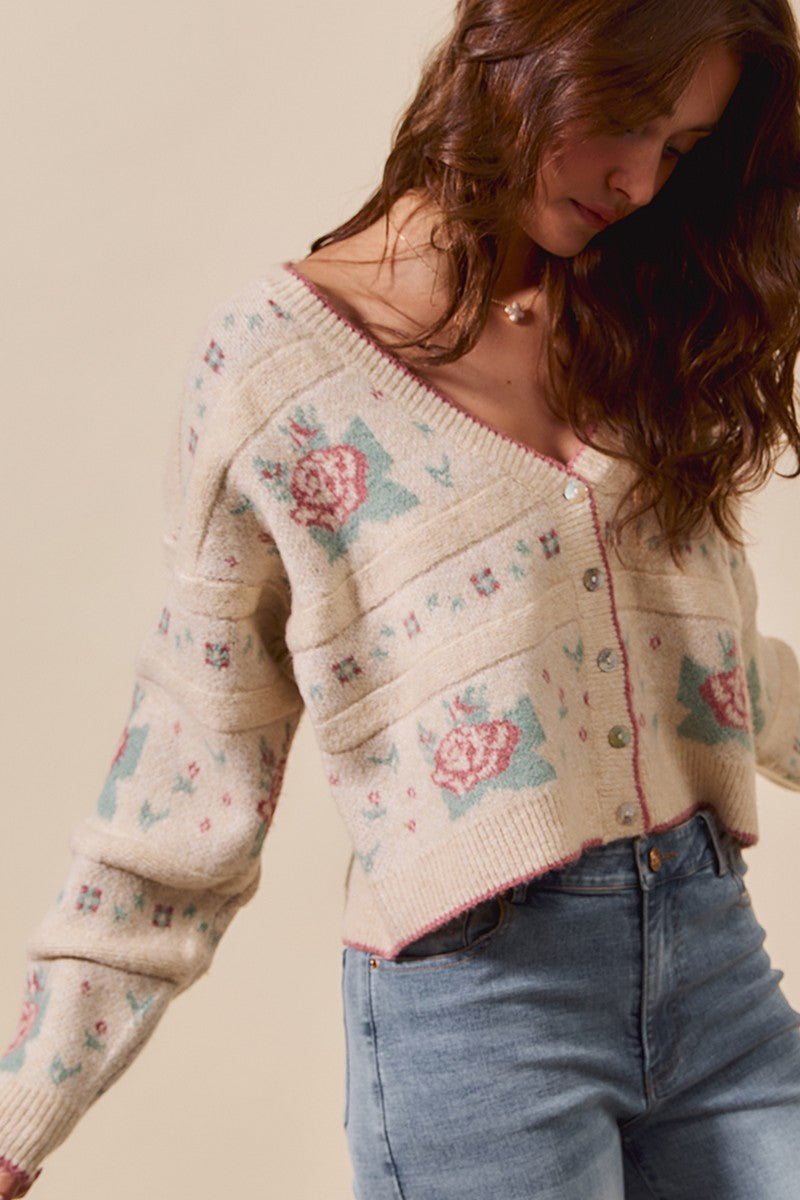 Floral Pattern Button Sweater Cardigan - Love Classic 3