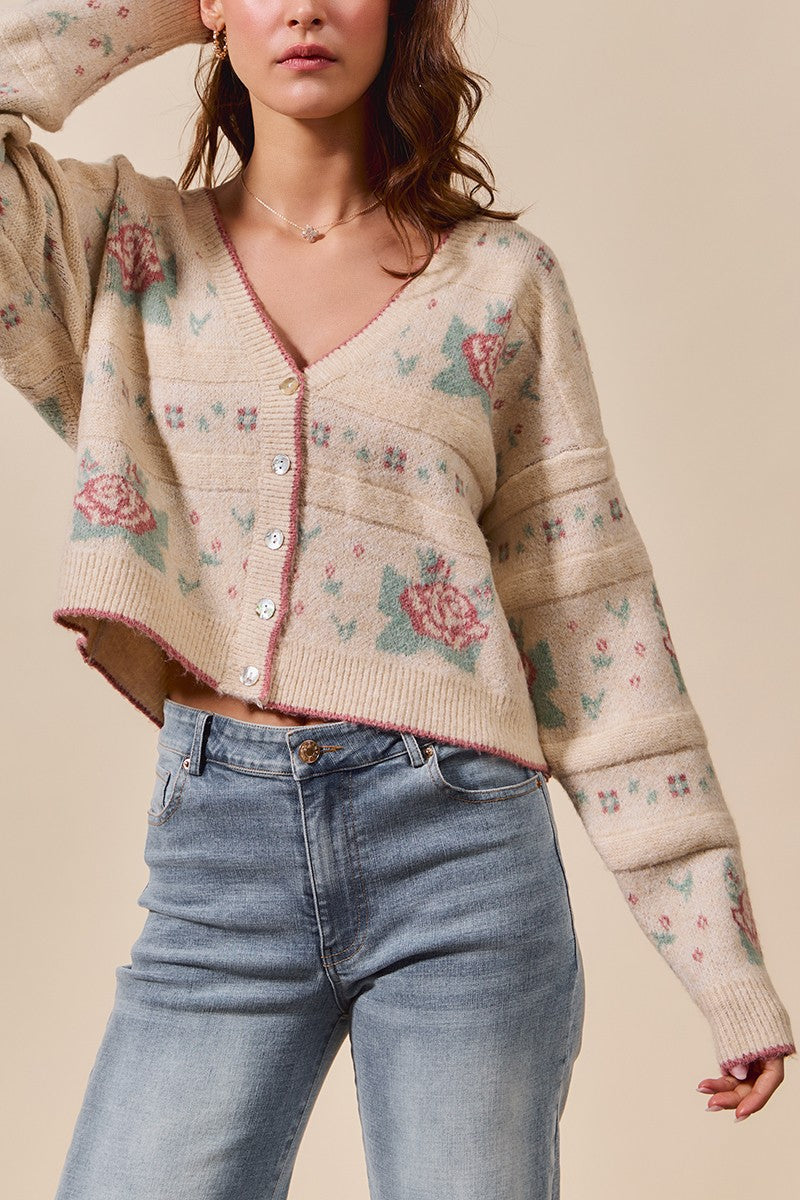 Floral Pattern Button Sweater Cardigan - Love Classic 8