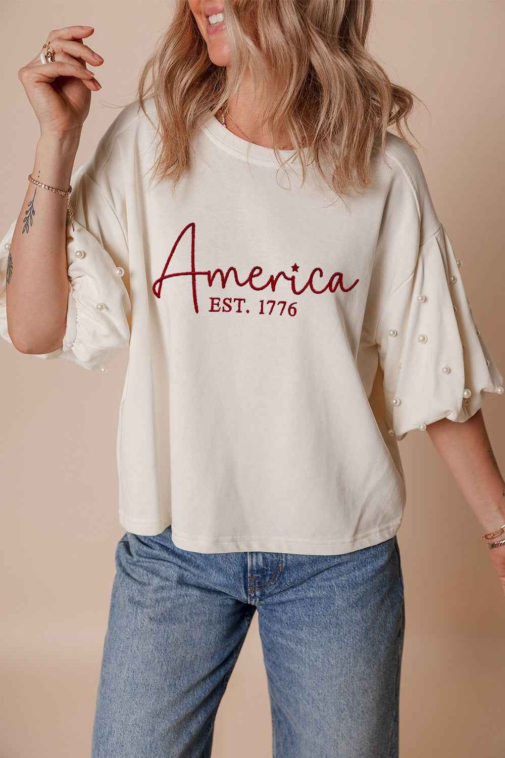 AMERICA EST 1776 Embroidered Pearl Beaded Sleeve T Shirt 4