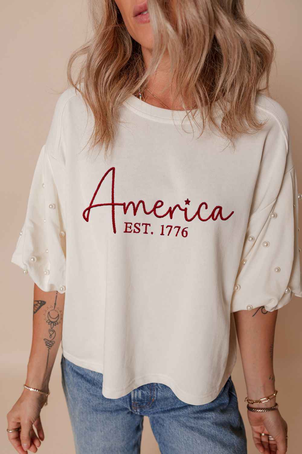AMERICA EST 1776 Embroidered Pearl Beaded Sleeve T Shirt