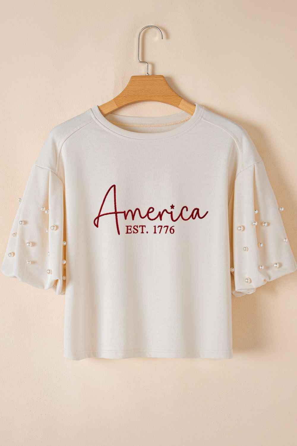 AMERICA EST 1776 Embroidered Pearl Beaded Sleeve T Shirt 5