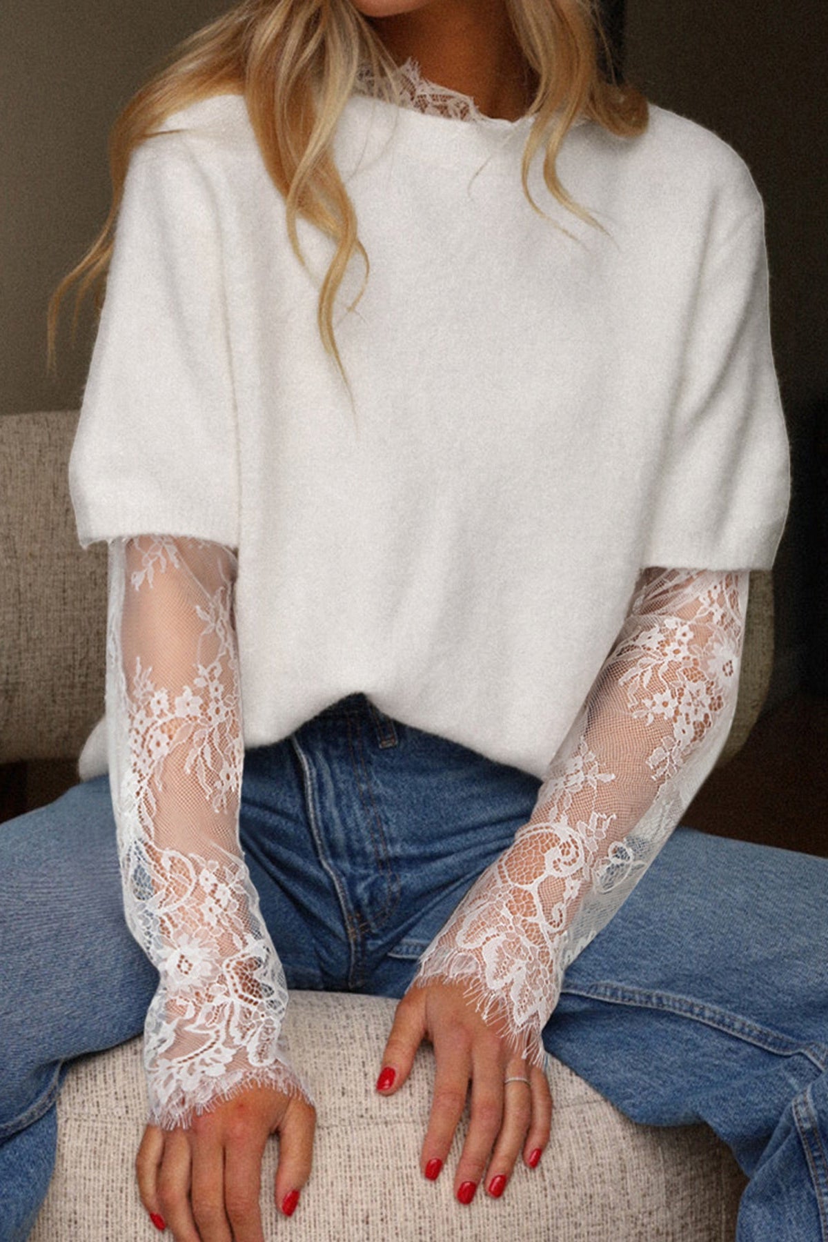 Lace Sleeve Faux Two-Piece Fuzzy Sweater - Love Classic 2