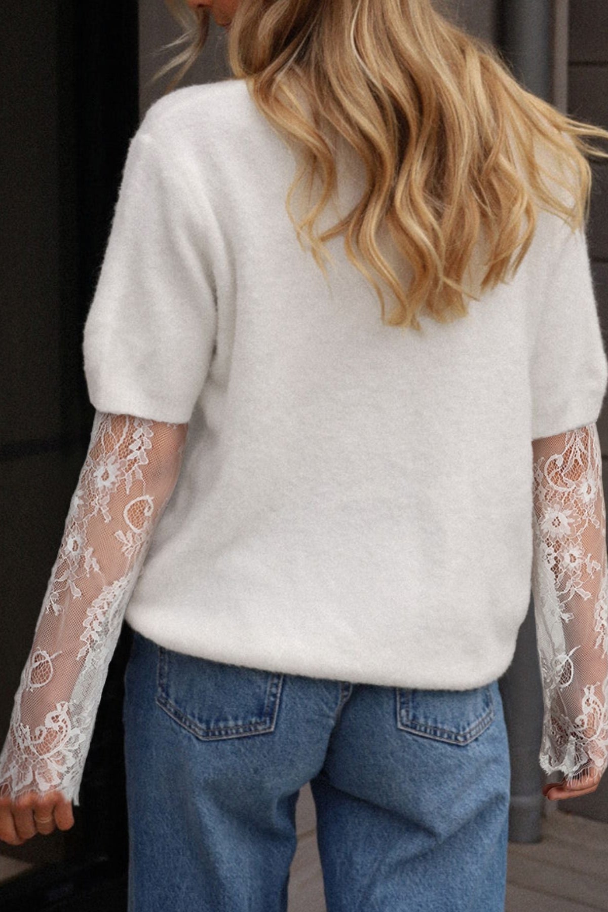 Lace Sleeve Faux Two-Piece Fuzzy Sweater - Love Classic 3