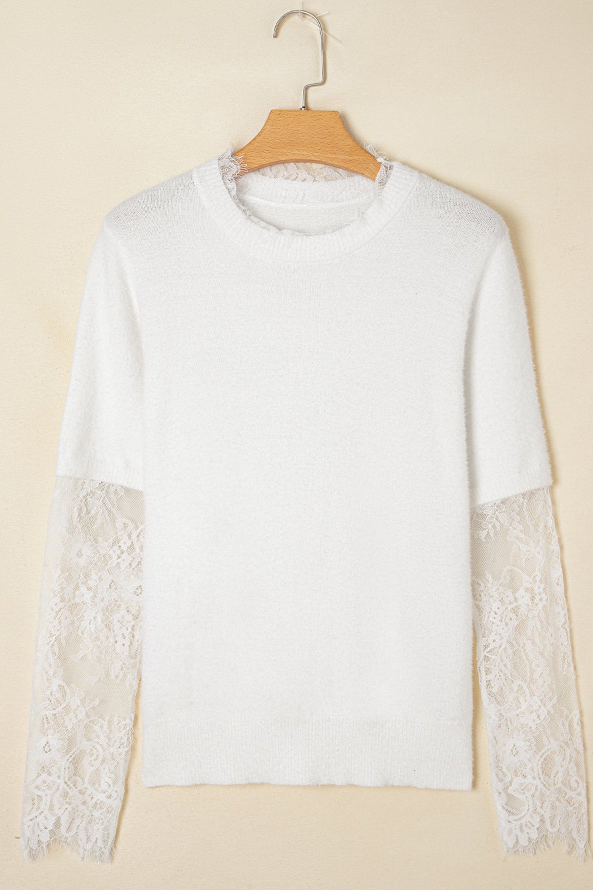 Lace Sleeve Faux Two-Piece Fuzzy Sweater - Love Classic 4