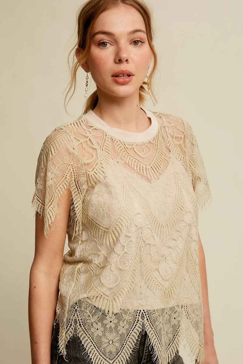 Scallop Lace Knit Top True White
