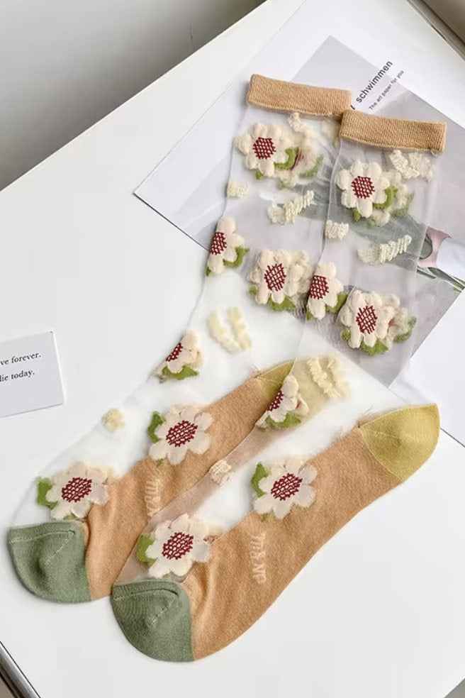Sheer Sunflower Jacquard Crew Socks