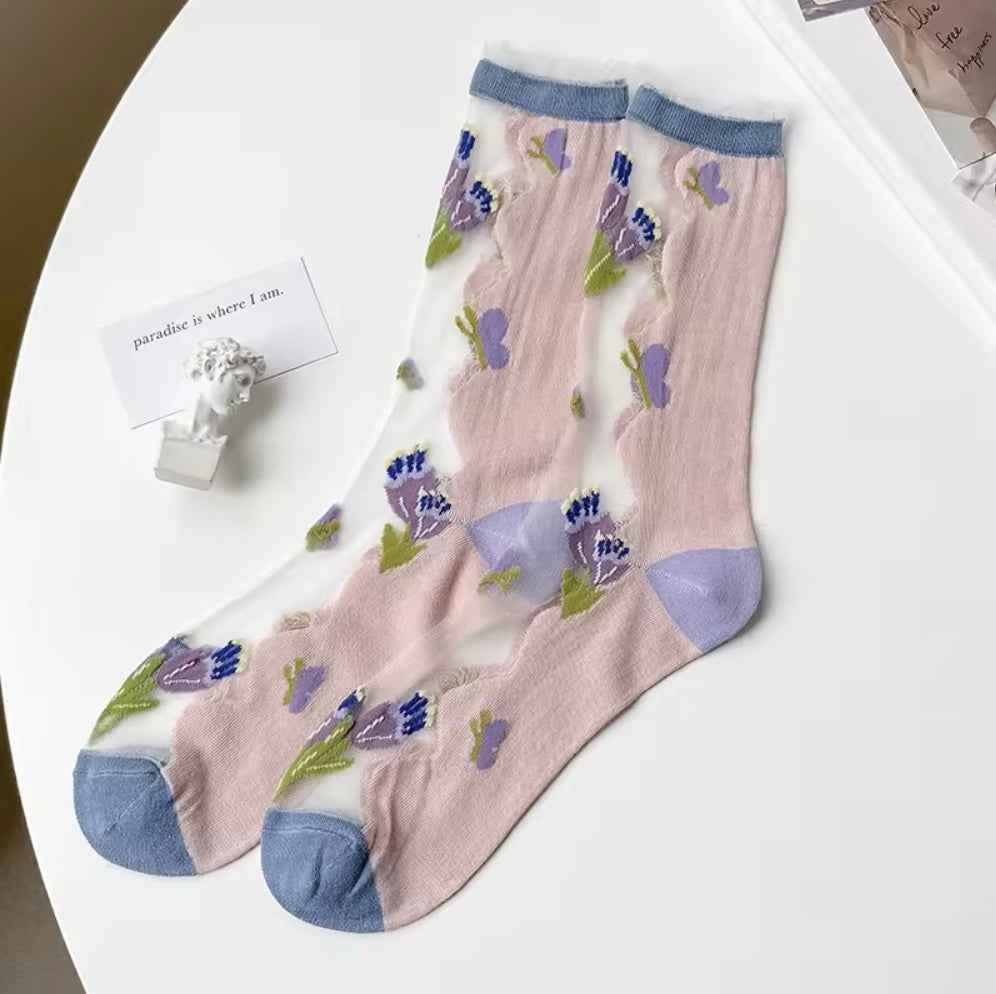 2-Pack Sheer Sunflower Jacquard Crew Socks
