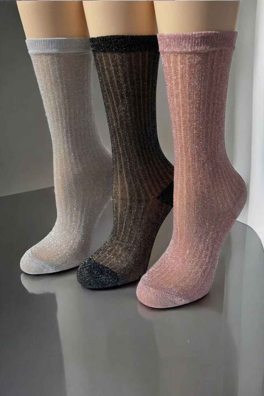 3-Pack Sheer Metallic Ribbed Crew Socks