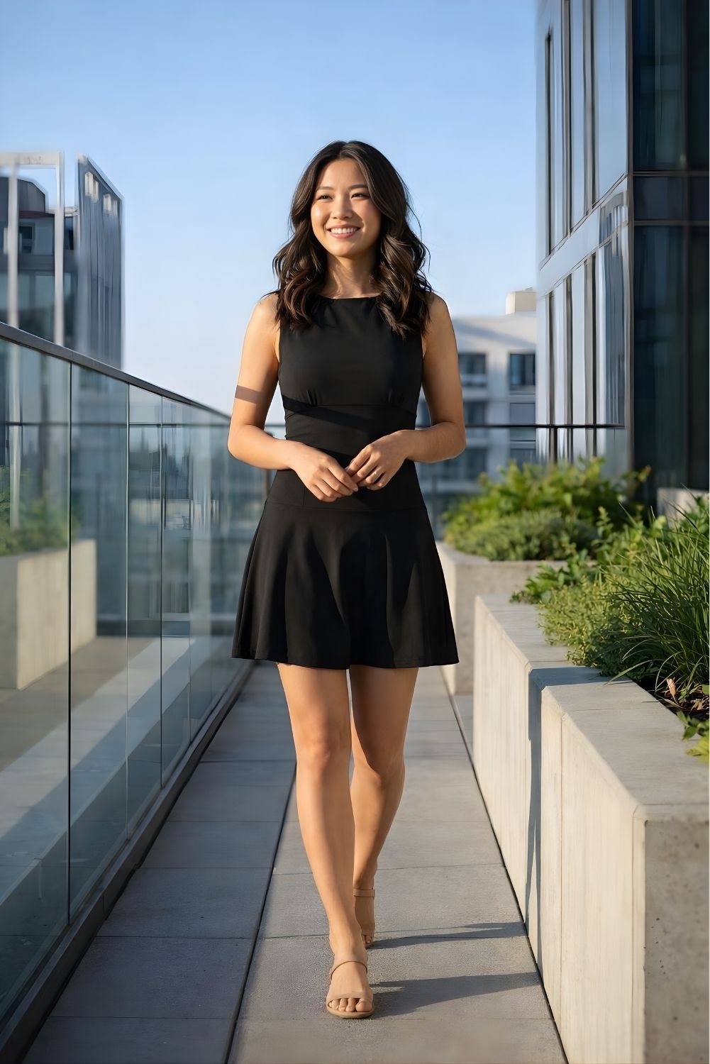 Slow Dancing Mini Dress featuring a sleeveless fitted bodice with flared skirt, styled on a rooftop walkway with city surroundings, highlighting the flattering fit and effortless evening wear.