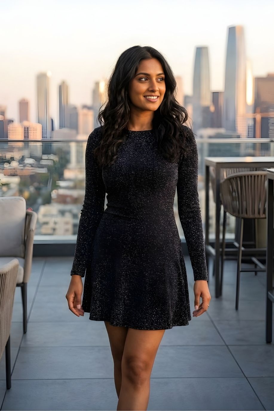 Mika Metallic Mini Dress, black long-sleeve mini dress with subtle metallic shimmer and a fitted bodice with flared skirt, worn by a model walking on a rooftop terrace, highlighting the sleek silhouette and sparkling texture against a city skyline backdrop.