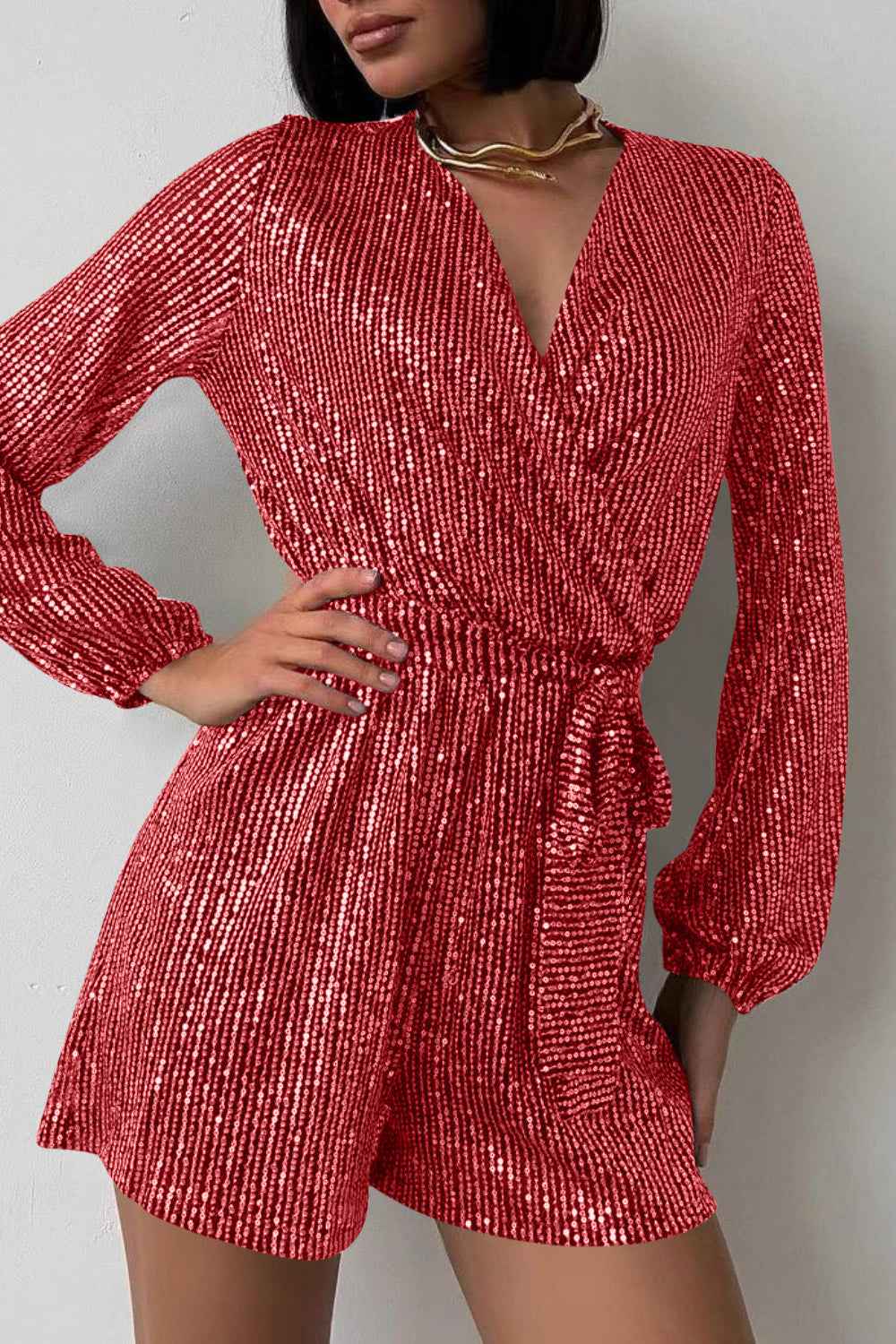 Sequin Surplice Tie Romper