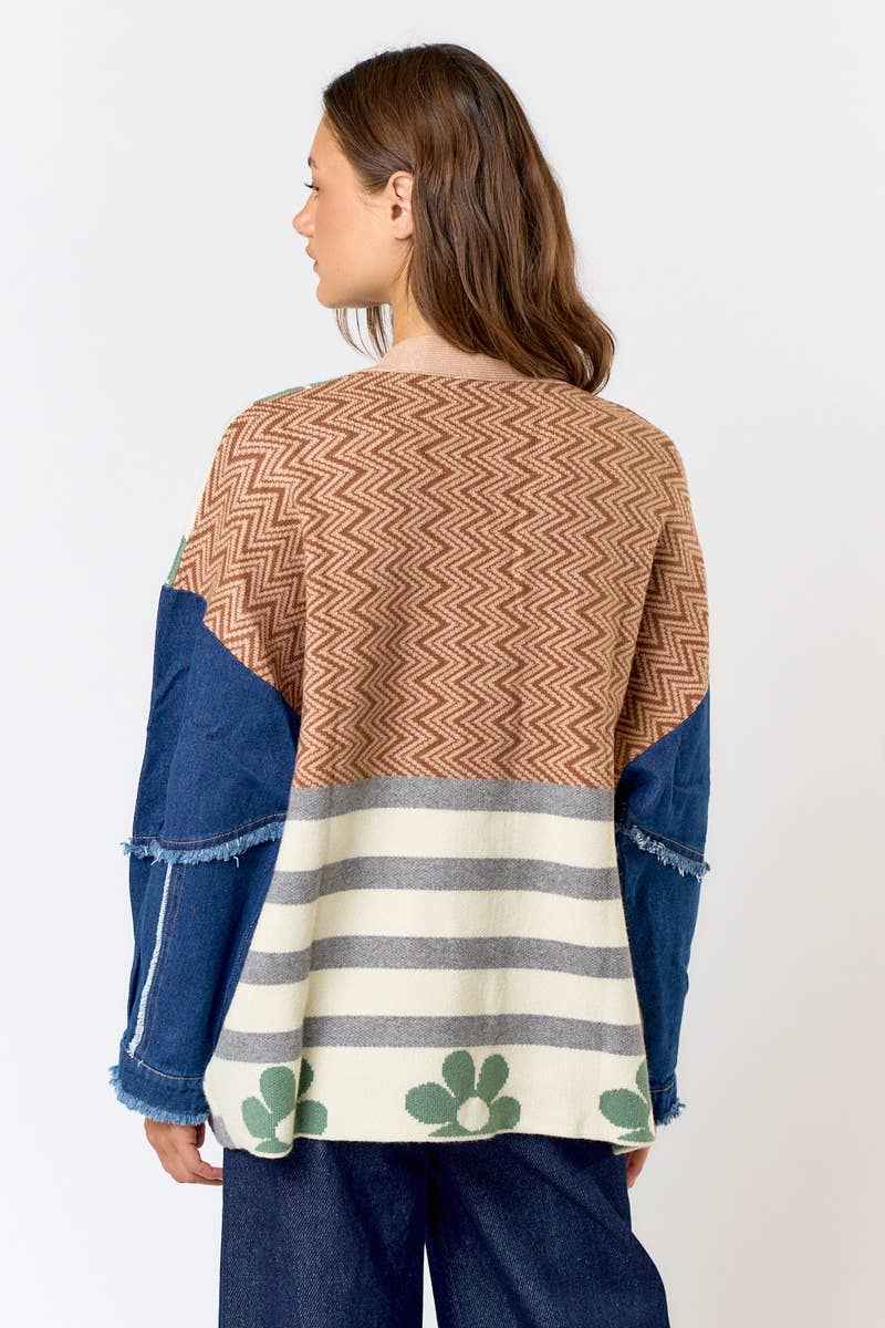 Patchwork Cardigan with Denim Sleeves