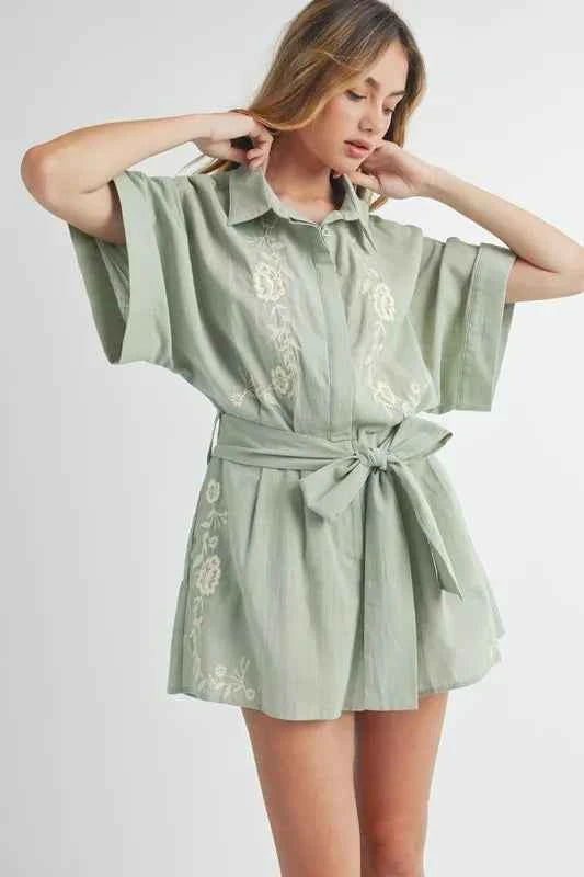 Embroidered Collared Romper in Dusty Sage