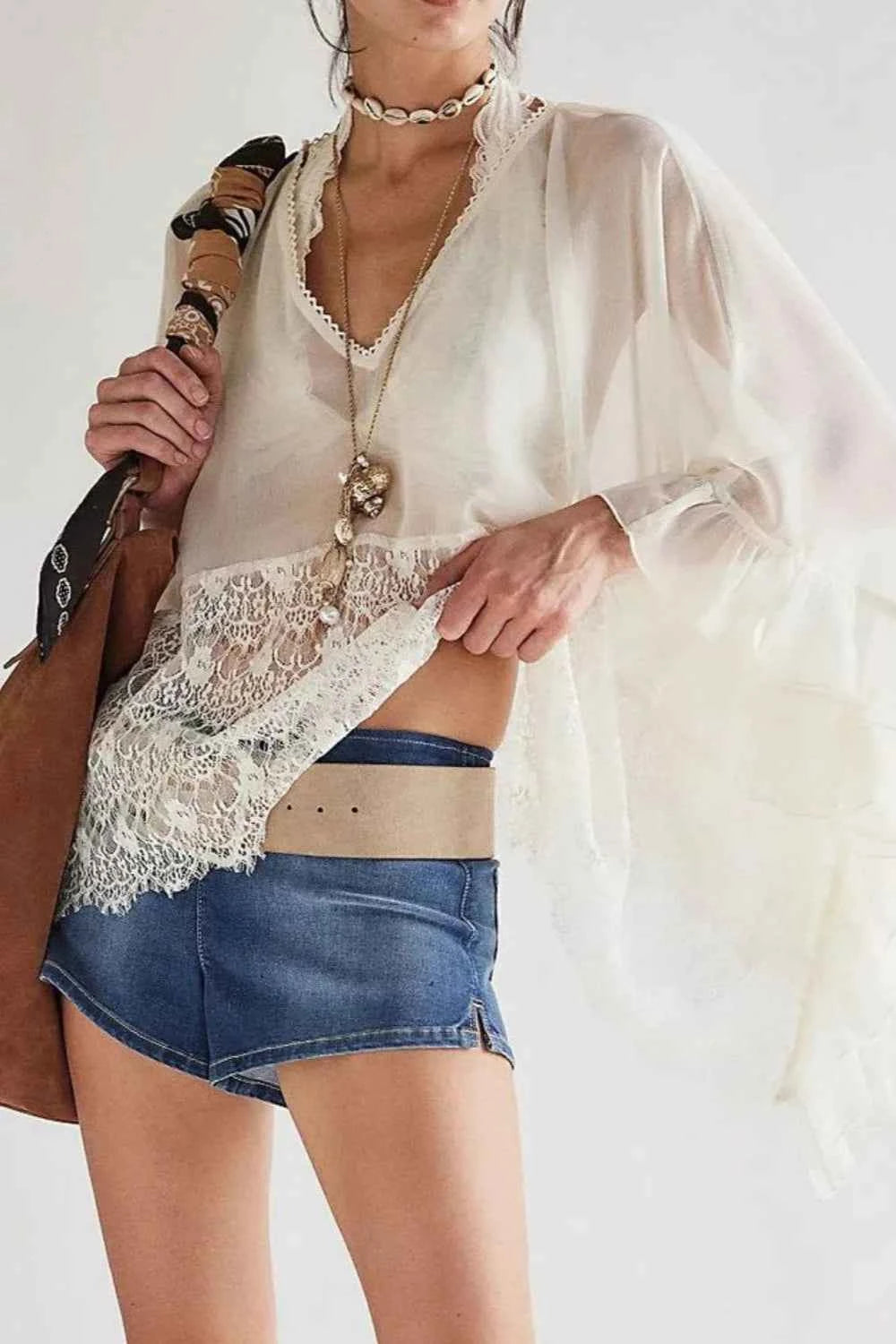 Lace Ruffle Long Sleeve Cover-Up