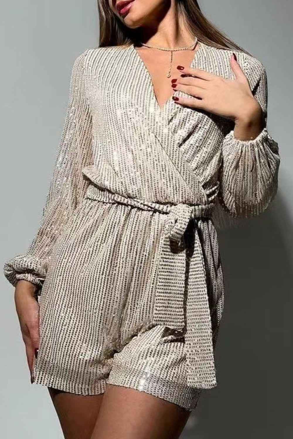 Sequin Surplice Tie Romper