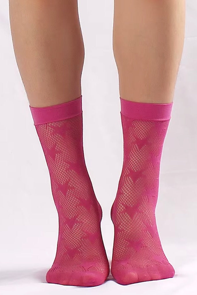 Stylish bright pink mesh crew socks with star design for women