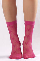 Stylish bright pink mesh crew socks with star design for women