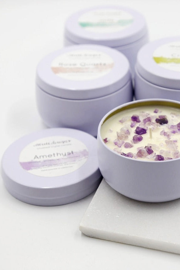 Purple tin candles with crystals, Love Classic high quality scented amethyst candle collection
