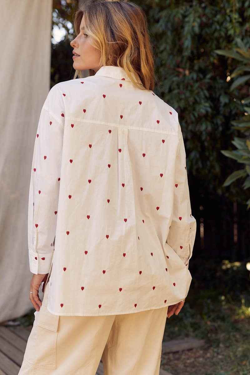 Full of Red Hearts Embroidery Button Up Shirt