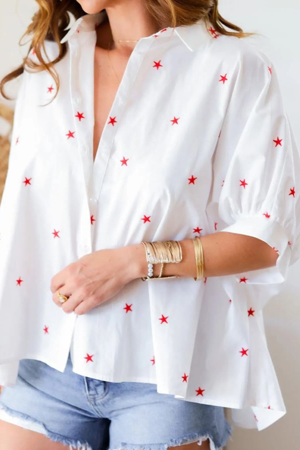 Star Print Puff Sleeve Button-Up Shirt - Love Classic
