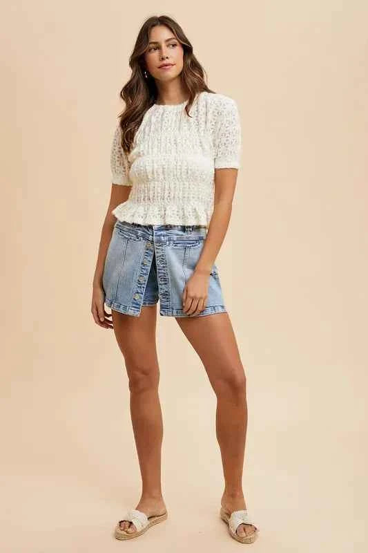 Button Detail Stretch Denim Wrap Mini Skort