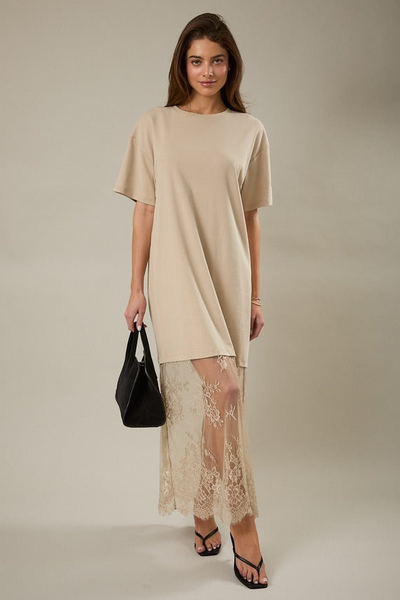 Model styled in the taupe Round Neck Lace Joined T-Shirt Maxi Dress with round neckline, mixed-material design, and elegant maxi silhouette.