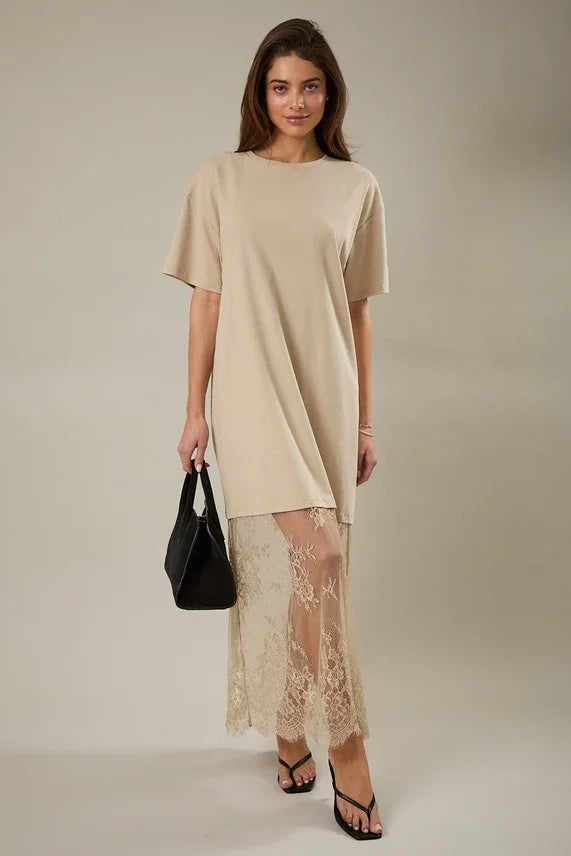 t shirt maxi dress Round Neck Lace Joined T-Shirt Maxi Dress