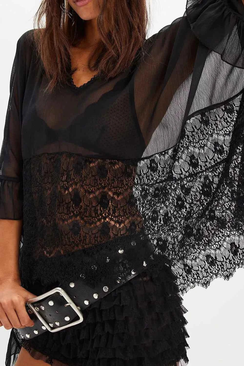 Lace Ruffle Long Sleeve Cover-Up