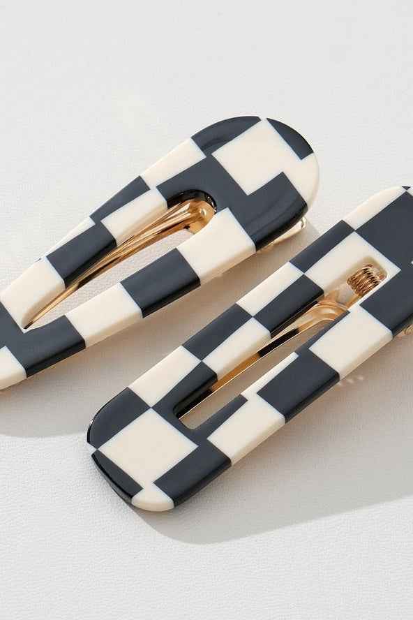 Black Ivory checkered Printed Barrette Hair Clip