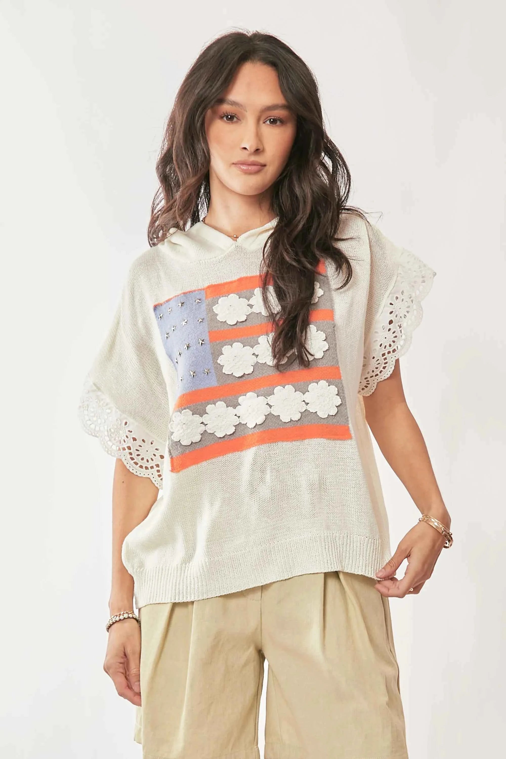 American Flag Lace Sleeve Hoodie Top