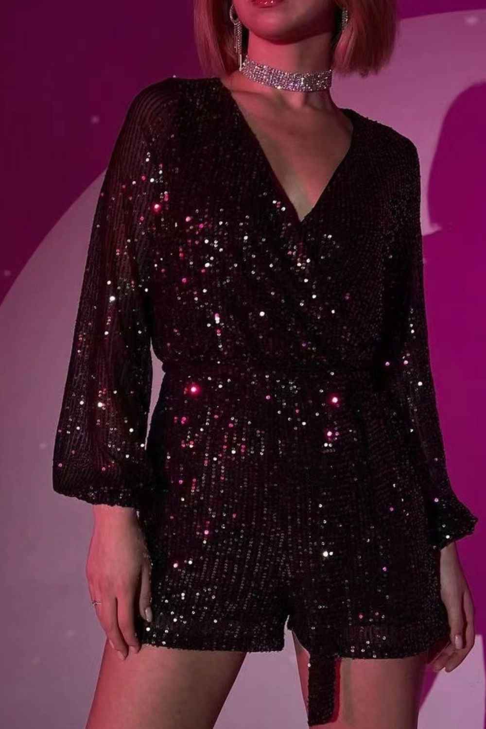 Sequin Surplice Tie Romper