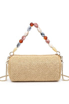 Natural Rachel Straw Clutch featuring a structured straw design, removable chain strap, and compact size for phone and small essentials.