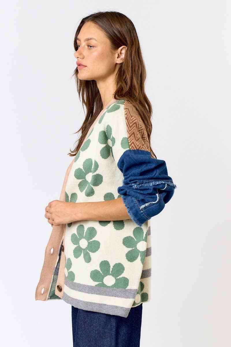 Patchwork Cardigan with Denim Sleeves