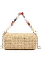 Natural Rachel Straw Clutch crafted with a woven straw body, decorative bead elements, smooth zip-top closure, and detachable chain strap.