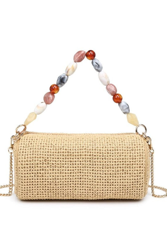 Natural Rachel Straw Clutch crafted with a woven straw body, decorative bead elements, smooth zip-top closure, and detachable chain strap.