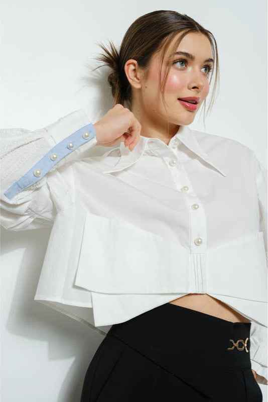 Bow Ribbon Cropped Button Up Shirt