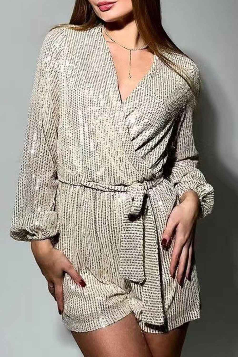 Sequin Surplice Tie Romper