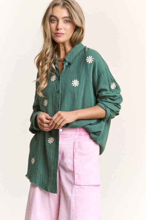 Gauze Daisy Embroidered Button Down Blouse