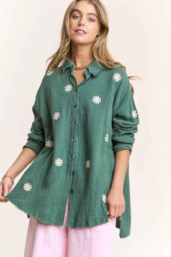 Gauze Daisy Embroidered Button Down Blouse