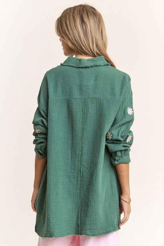 Gauze Daisy Embroidered Button Down Blouse