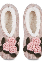 Coming Up Roses chenille slippers with pink crochet rose detail and soft sherpa lining, shown from top view.
