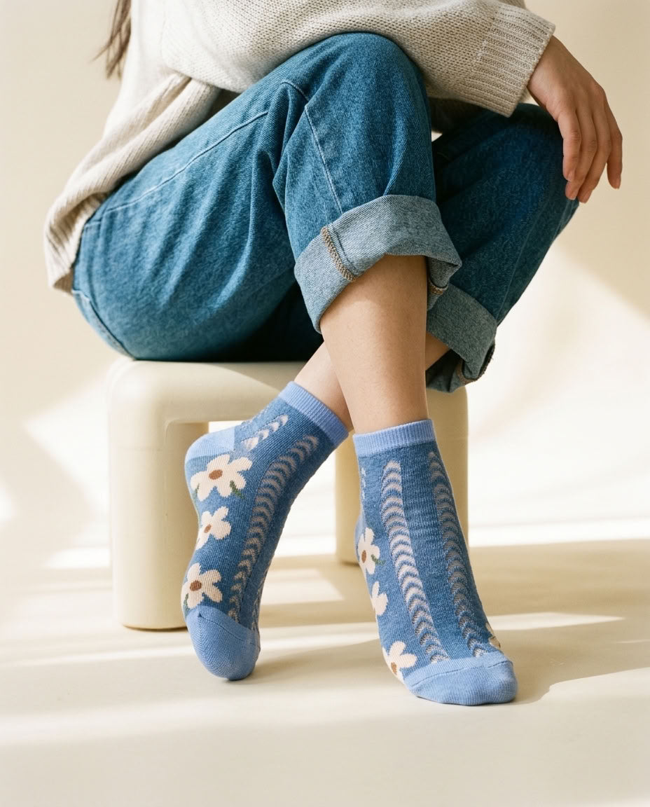 Blue daisy pointelle low-cut socks worn with cuffed jeans