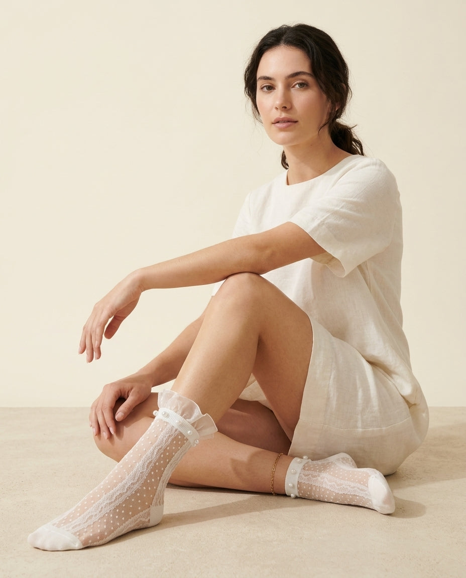 2-Pack Chantilly Pearl Lace Crew Socks - White - lifestyle seated shot