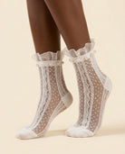 Chantilly Pearl Lace Crew Socks - White - close up both feet