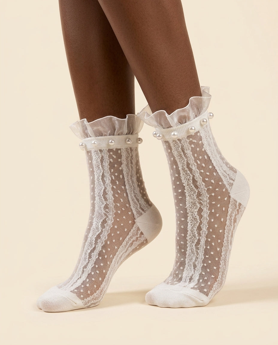 Chantilly Pearl Lace Crew Socks - White - close up both feet